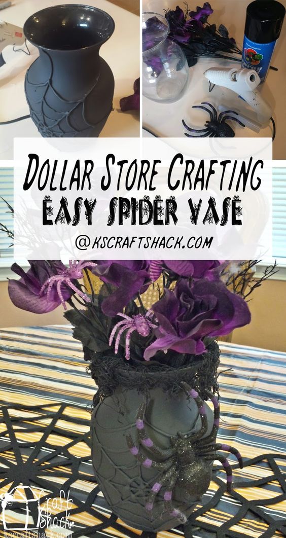 DIY Spider Halloween Vase from Dollar Store Vase. 